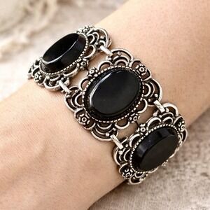VTG Emmons Black Lucite Cabochon Panel Bracelet Silver Tone Victorian Revival 7"